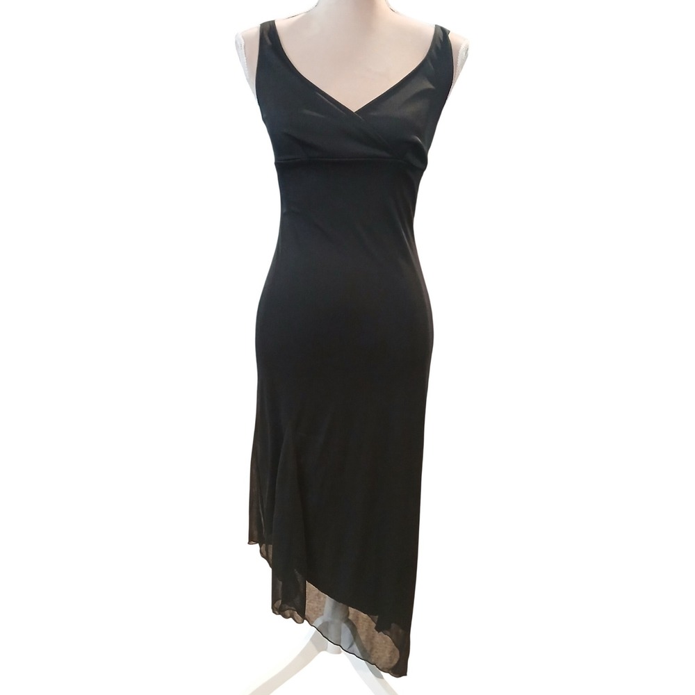 Vtg Up Front Black Sleeveless Wrap V-Neck Asymmetrical Mesh Midi Dress Small y2k